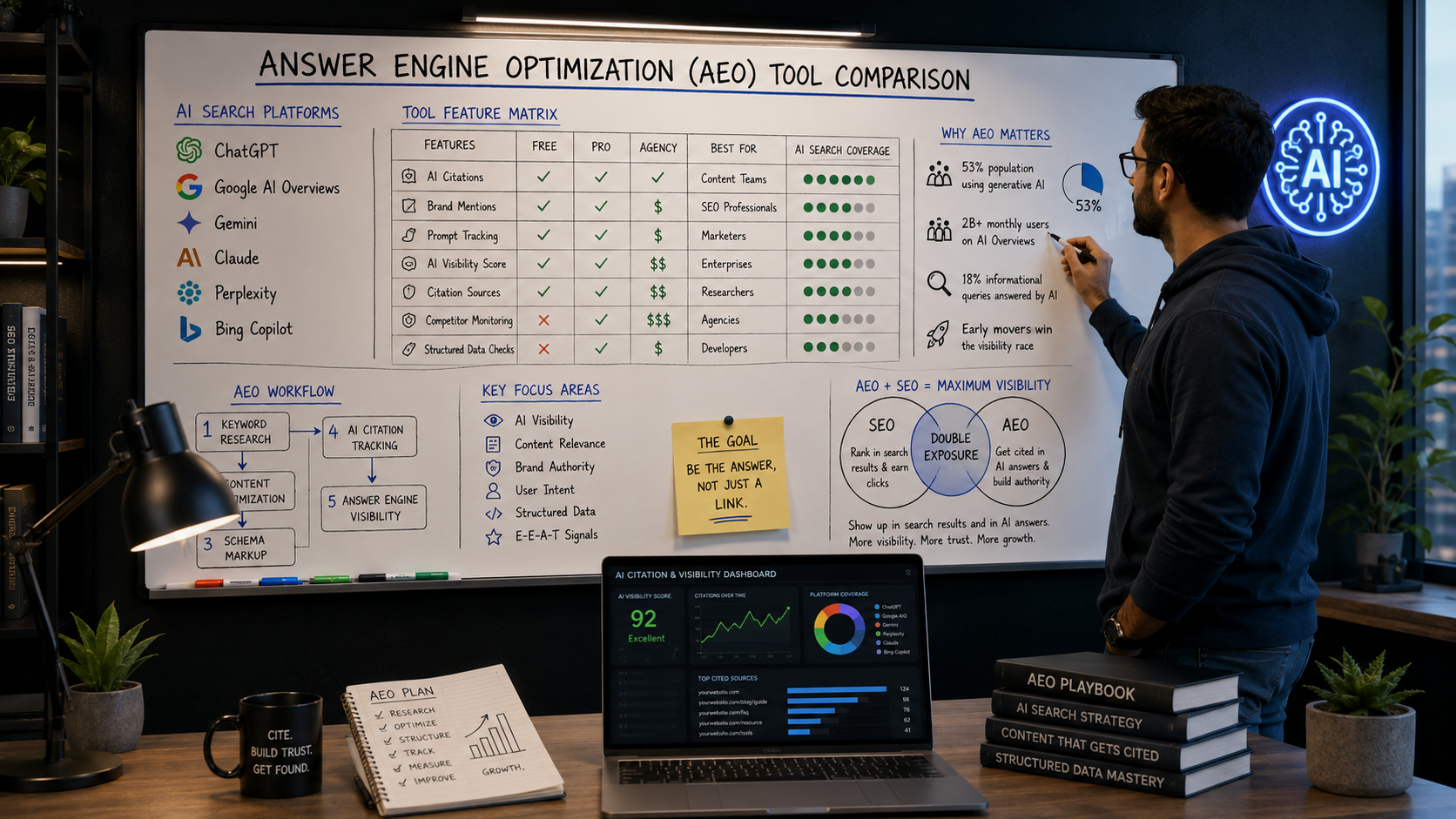 Answer Engine Optimization (AEO) strategy workspace showing AI search platform comparison, citation tracking dashboard, schema optimization workflow, and SEO planning for ChatGPT, Google AI Overviews, Gemini, Claude, and Perplexity.