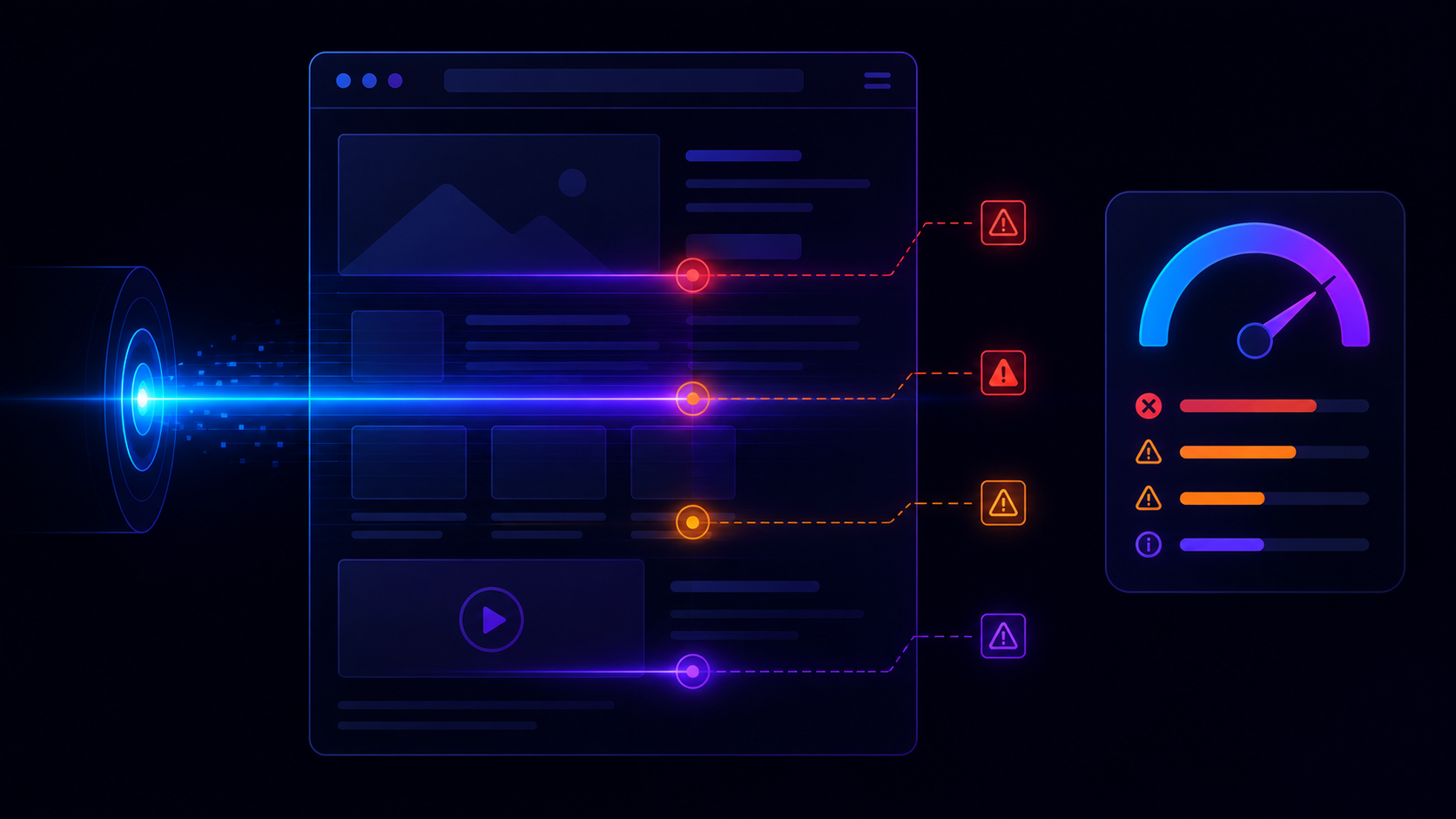 An AI tool scanning a website and flagging SEO issues with a score gauge